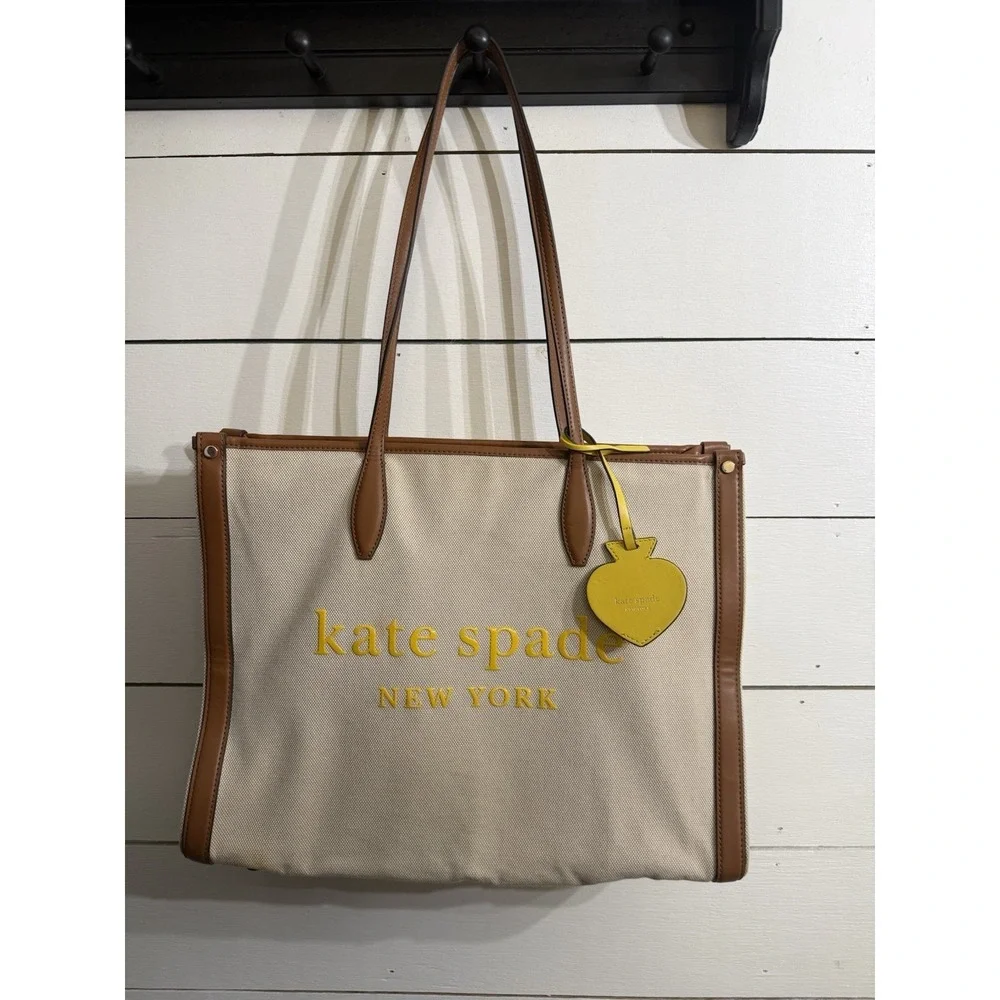 Kate Spade NY Large Market Tote Bag Beige Canvas, Brown Leather Yellow